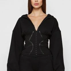 Woman Tracksuits Volume Sleeve Corset Hoodie - Black