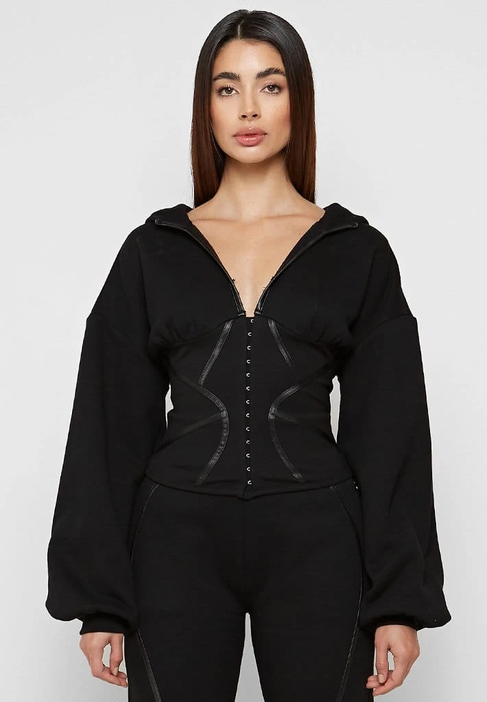 Woman Tracksuits Volume Sleeve Corset Hoodie - Black