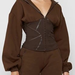 Woman Tracksuits Volume Sleeve Corset Hoodie - Chocolate Brown