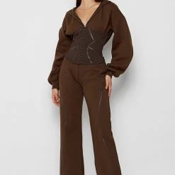 Woman Tracksuits Volume Sleeve Corset Hoodie - Chocolate Brown