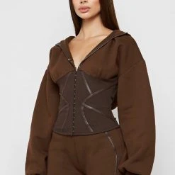 Woman Tracksuits Volume Sleeve Corset Hoodie - Chocolate Brown