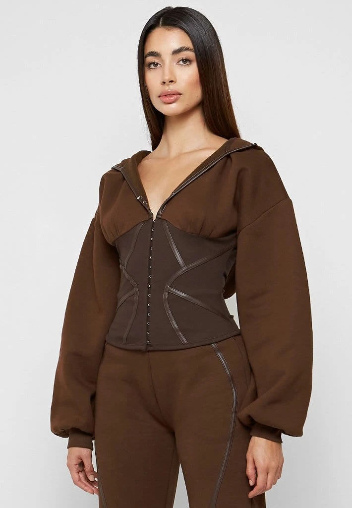 Woman Tracksuits Volume Sleeve Corset Hoodie - Chocolate Brown