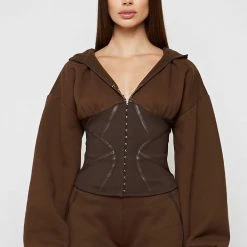 Woman Tracksuits Volume Sleeve Corset Hoodie - Chocolate Brown