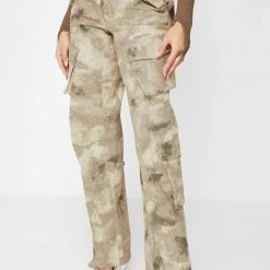 Woman Trousers Wide Leg Camo Cargo Pants - Beige