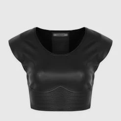 Woman Tops Wide Shoulder Croc Embossed Crop Top - Black