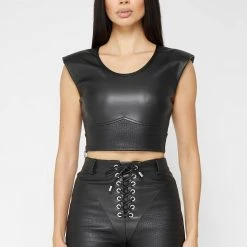 Woman Tops Wide Shoulder Croc Embossed Crop Top - Black