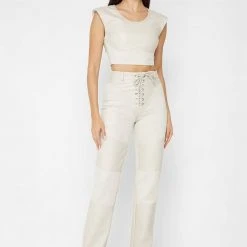 Woman Tops Wide Shoulder Vegan Leather And Suede Crop Top - Beige TOPS & T SHIRTS