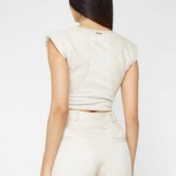 Woman Tops Wide Shoulder Vegan Leather And Suede Crop Top - Beige TOPS & T SHIRTS
