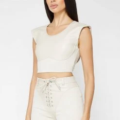 Woman Tops Wide Shoulder Vegan Leather And Suede Crop Top - Beige TOPS & T SHIRTS