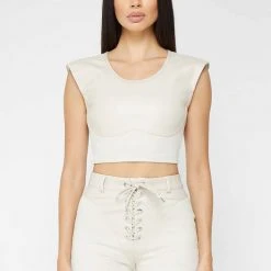 Woman Tops Wide Shoulder Vegan Leather And Suede Crop Top - Beige TOPS & T SHIRTS