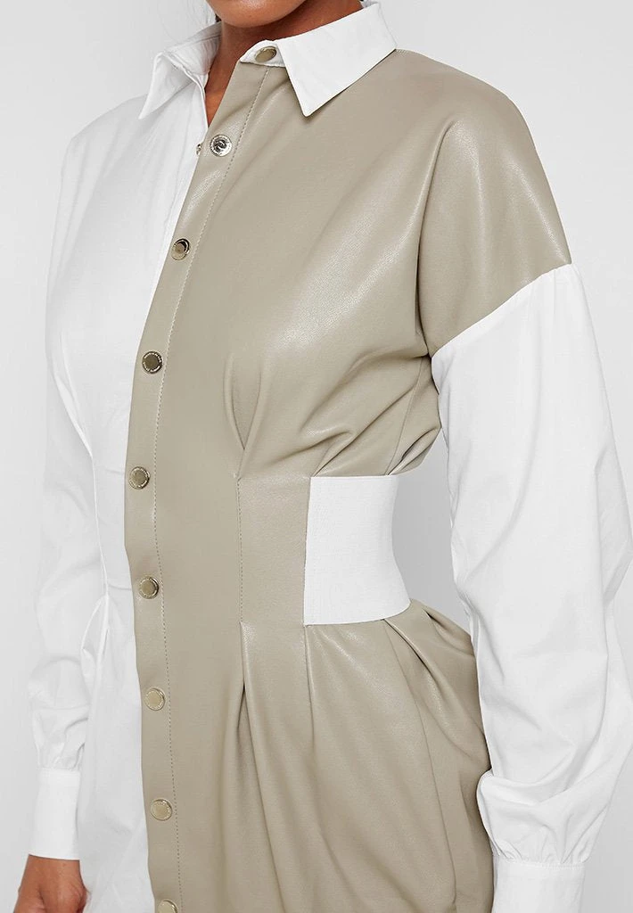 Woman Dresses Half Vegan Leather Shirt Dress - White