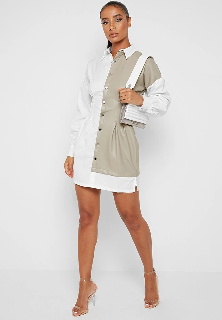 Woman Dresses Half Vegan Leather Shirt Dress - White