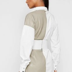 Woman Dresses Half Vegan Leather Shirt Dress - White