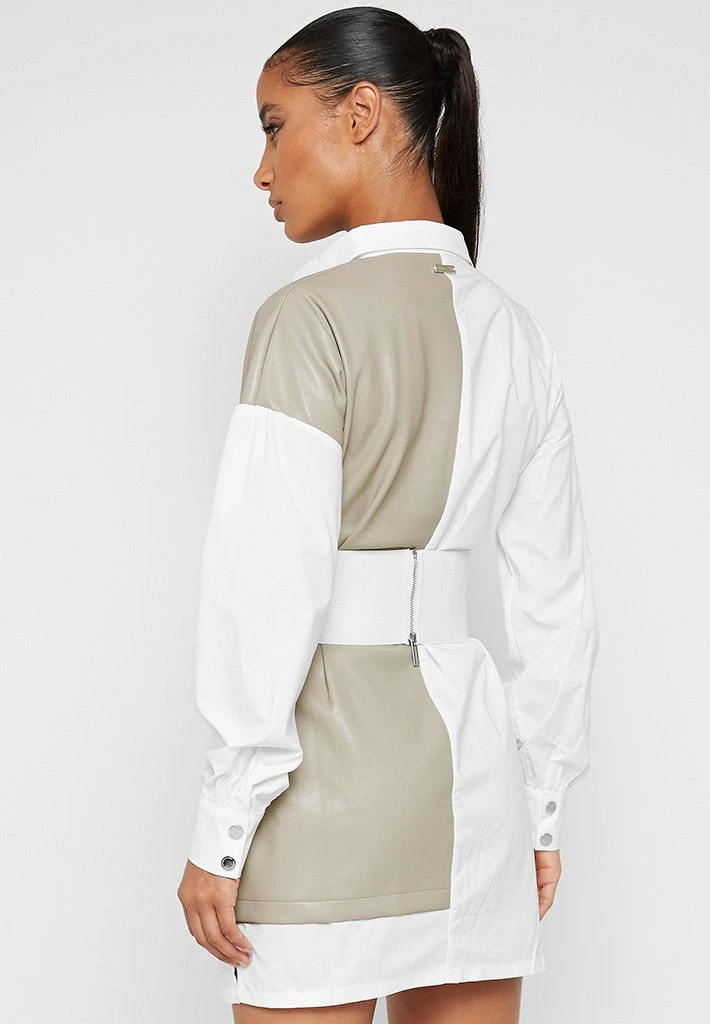 Woman Dresses Half Vegan Leather Shirt Dress - White