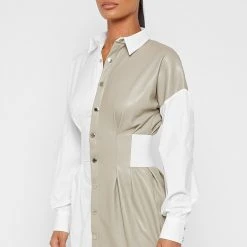 Woman Dresses Half Vegan Leather Shirt Dress - White