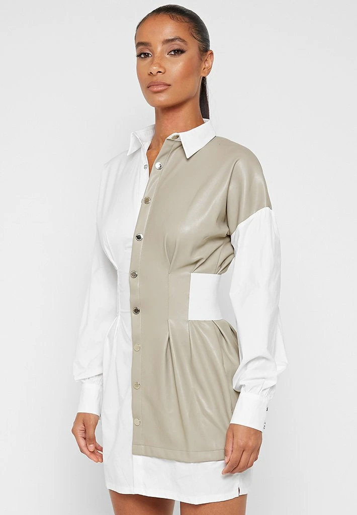 Woman Dresses Half Vegan Leather Shirt Dress - White