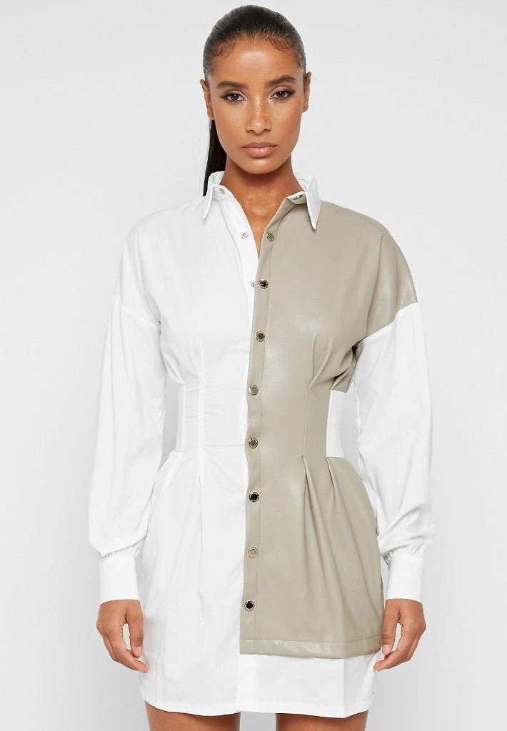 Woman Dresses Half Vegan Leather Shirt Dress - White