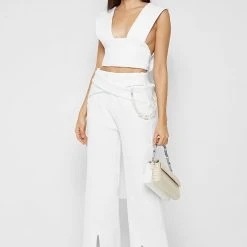 Woman Trousers Ribbed Wide Leg Trousers With Chain - Off White