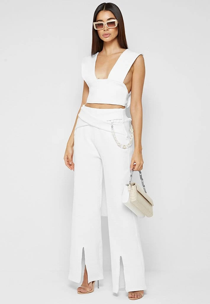 Woman Trousers Ribbed Wide Leg Trousers With Chain - Off White