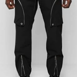 Man Casual Trousers Zip Detail Cargo Pants - Black