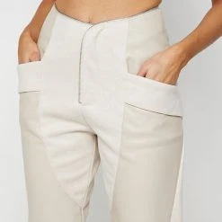 Woman Trousers Zip Detail Vegan Leather & Suede Trousers - Beige