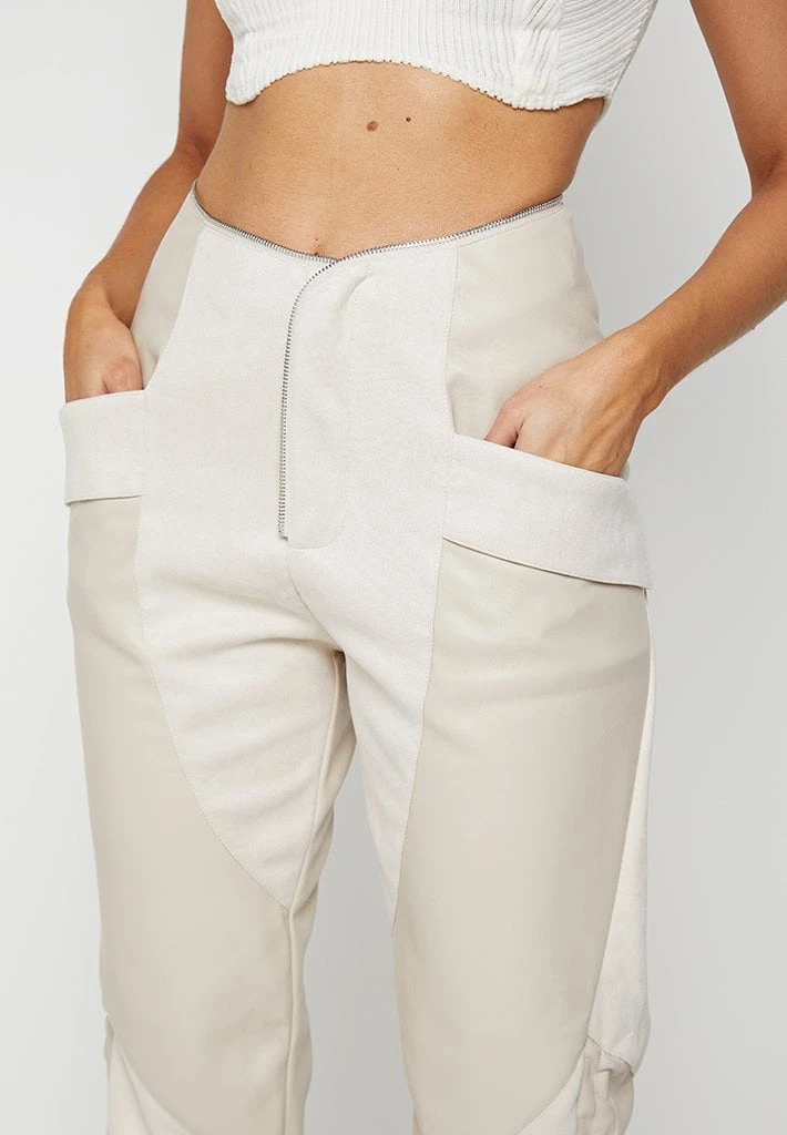 Woman Trousers Zip Detail Vegan Leather & Suede Trousers - Beige