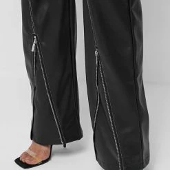 Woman Trousers Zip Detail Vegan Leather Trousers - Black