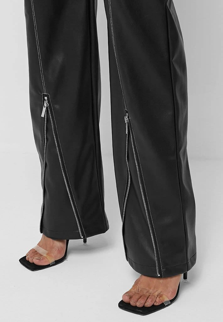 Woman Trousers Zip Detail Vegan Leather Trousers - Black