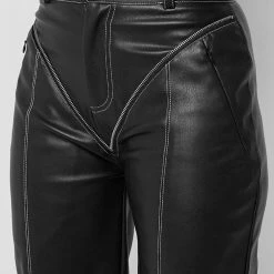 Woman Trousers Zip Detail Vegan Leather Trousers - Black