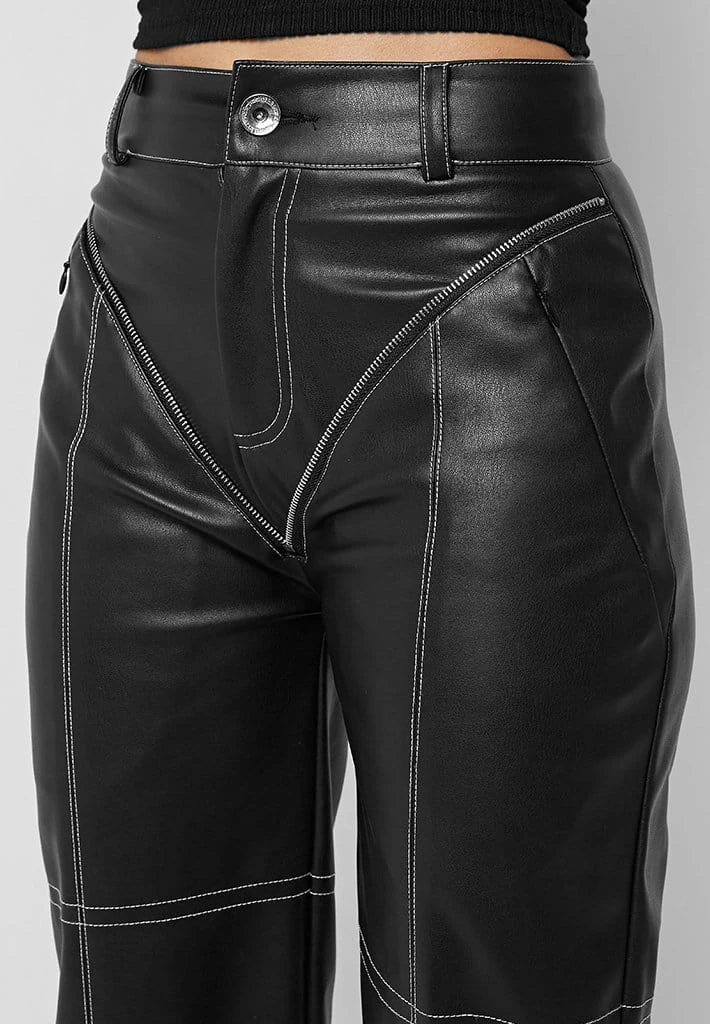 Woman Trousers Zip Detail Vegan Leather Trousers - Black
