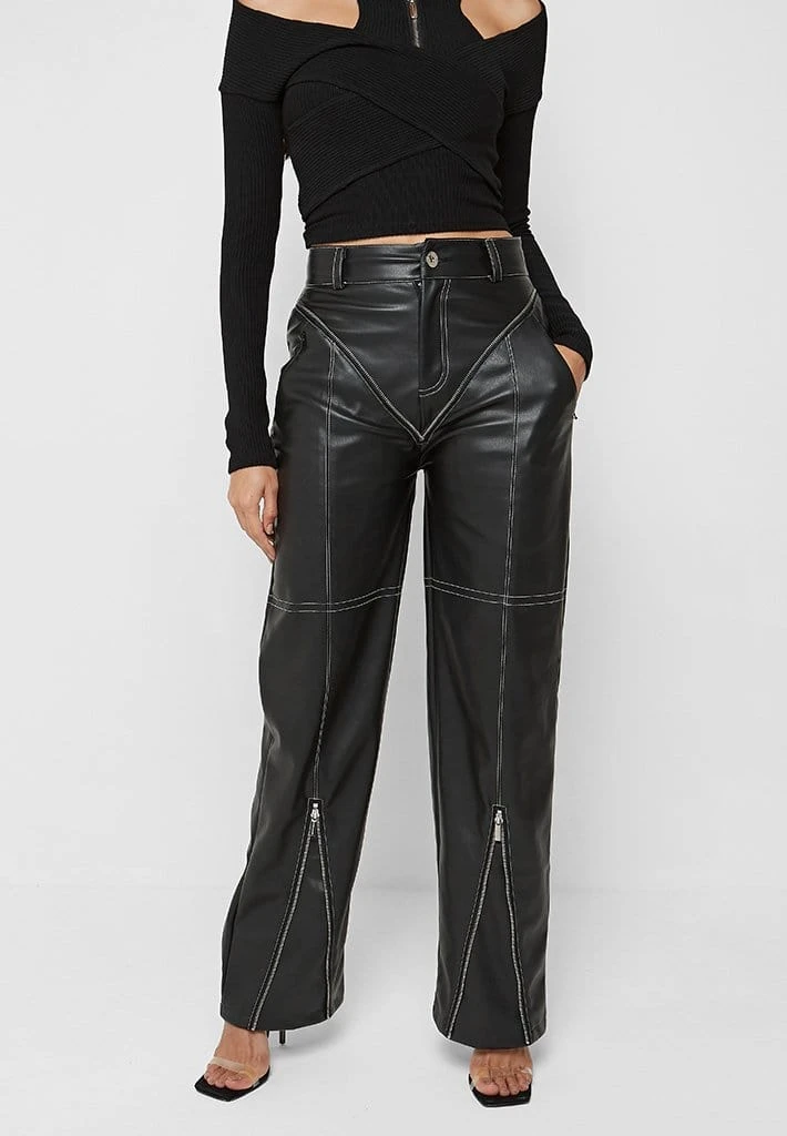 Woman Trousers Zip Detail Vegan Leather Trousers - Black
