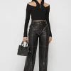 Woman Trousers Zip Detail Vegan Leather Trousers - Black