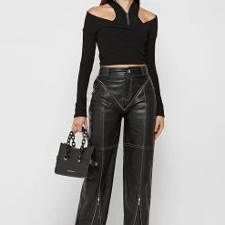 Woman Trousers Zip Detail Vegan Leather Trousers - Black