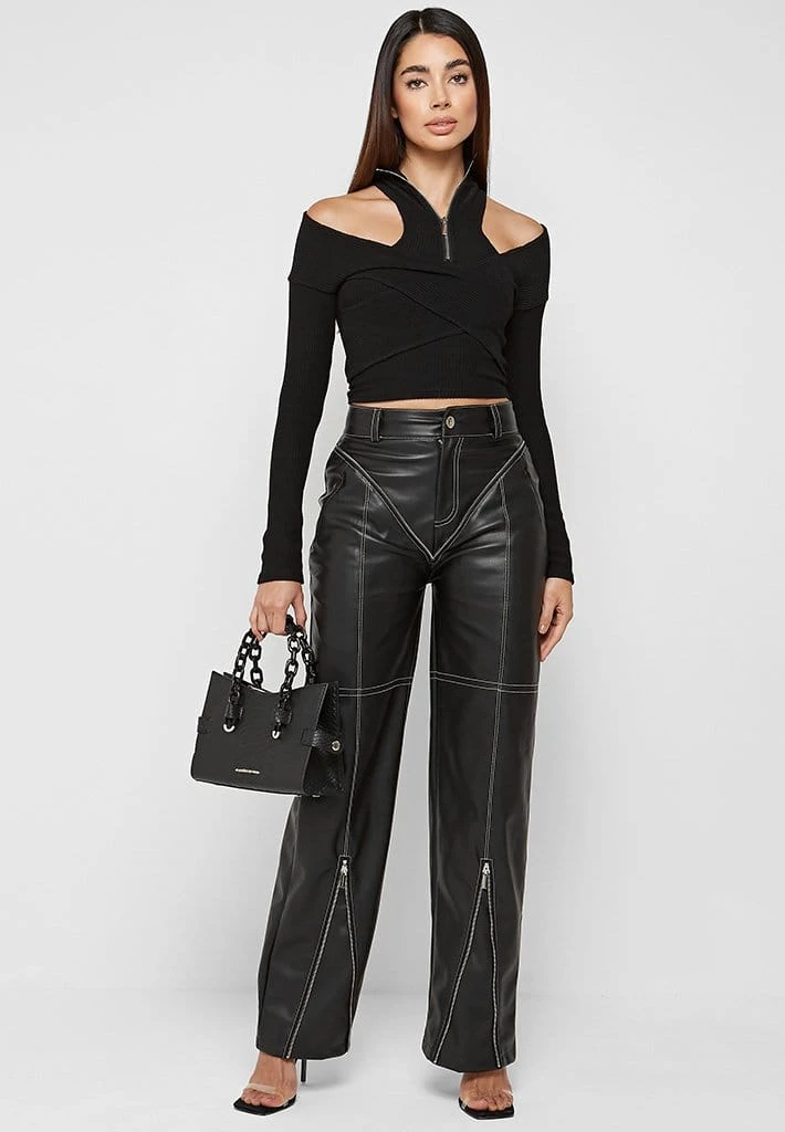 Woman Trousers Zip Detail Vegan Leather Trousers - Black