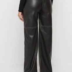Woman Trousers Zip Detail Vegan Leather Trousers - Black
