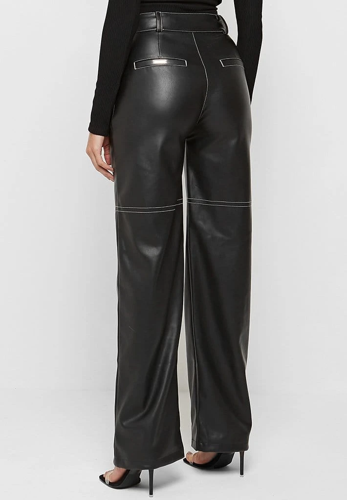 Woman Trousers Zip Detail Vegan Leather Trousers - Black