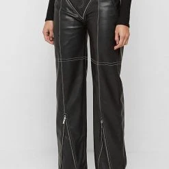 Woman Trousers Zip Detail Vegan Leather Trousers - Black