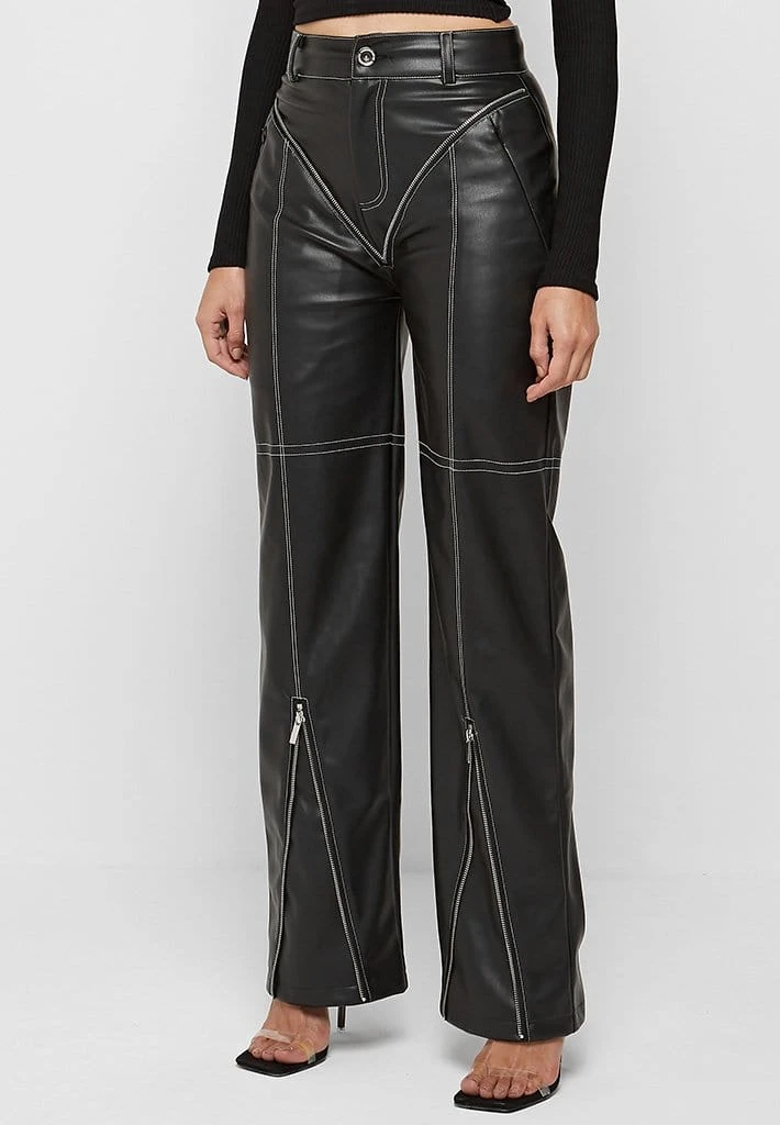 Woman Trousers Zip Detail Vegan Leather Trousers - Black