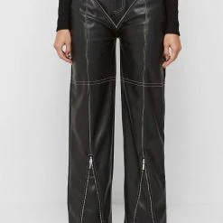 Woman Trousers Zip Detail Vegan Leather Trousers - Black