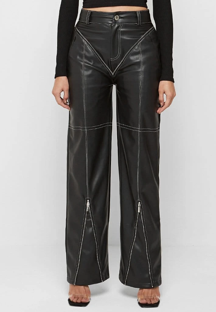 Woman Trousers Zip Detail Vegan Leather Trousers - Black