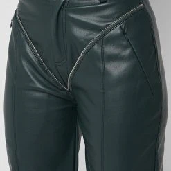 Woman Trousers Zip Detail Vegan Leather Trousers - Forest Green