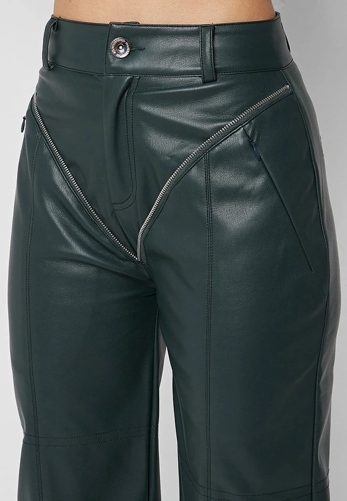 Woman Trousers Zip Detail Vegan Leather Trousers - Forest Green