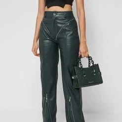Woman Trousers Zip Detail Vegan Leather Trousers - Forest Green