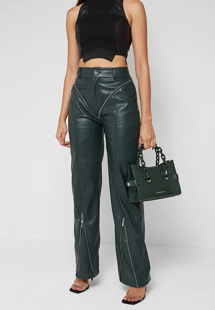 Woman Trousers Zip Detail Vegan Leather Trousers - Forest Green