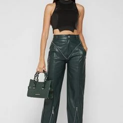 Woman Trousers Zip Detail Vegan Leather Trousers - Forest Green