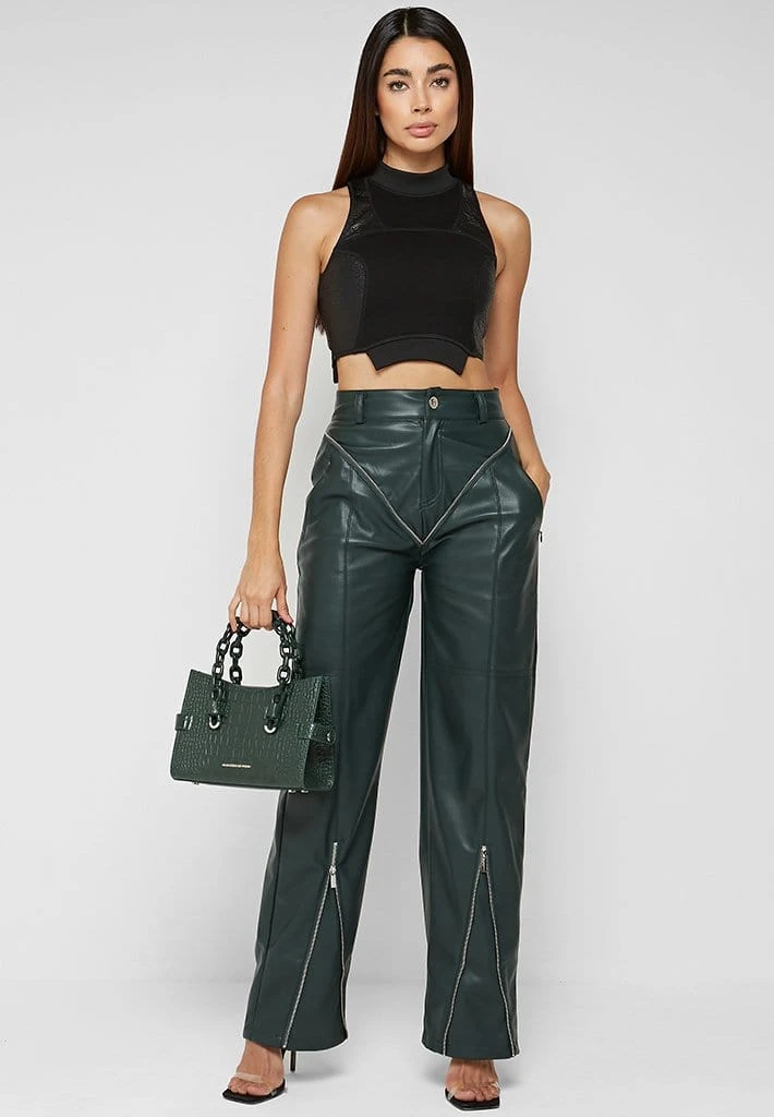 Woman Trousers Zip Detail Vegan Leather Trousers - Forest Green