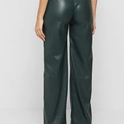 Woman Trousers Zip Detail Vegan Leather Trousers - Forest Green