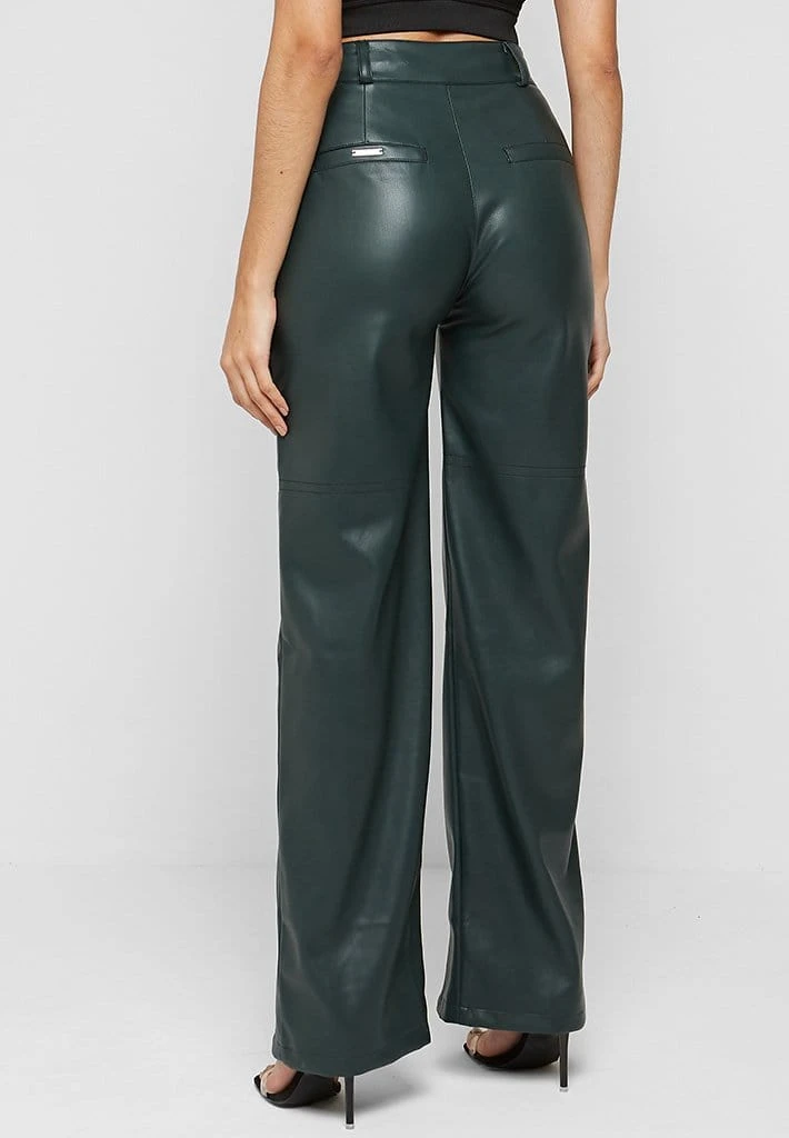 Woman Trousers Zip Detail Vegan Leather Trousers - Forest Green