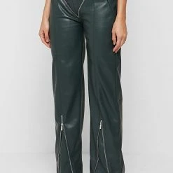 Woman Trousers Zip Detail Vegan Leather Trousers - Forest Green