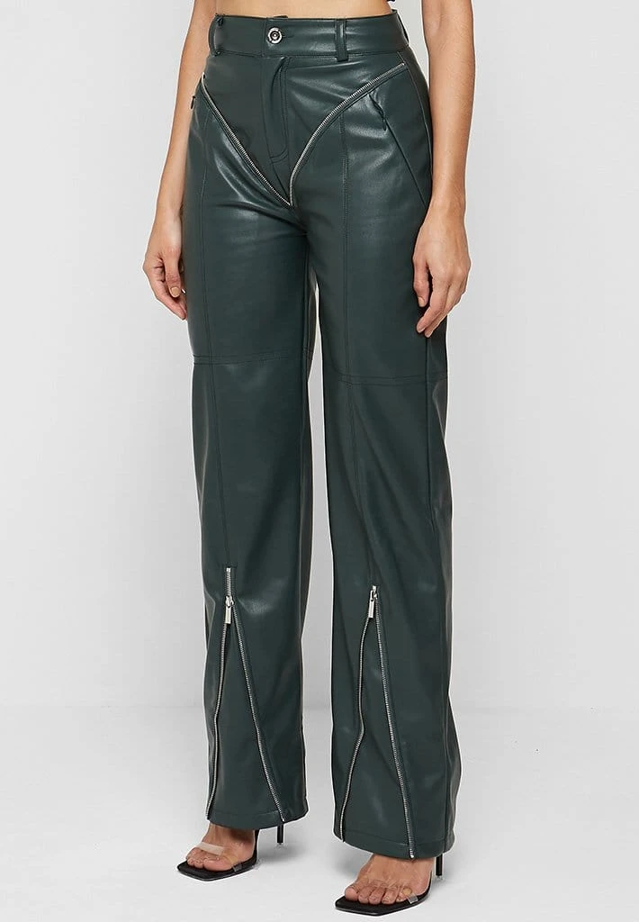 Woman Trousers Zip Detail Vegan Leather Trousers - Forest Green